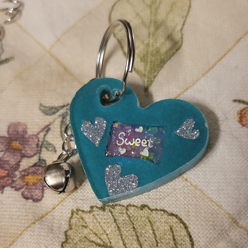 "Sweet" Teal Heart Keychain with Bell and Glitter Hearts